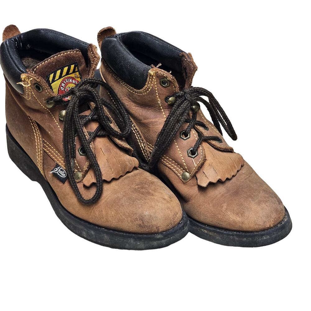 Justin Suede Leather Lace Up Almond Toe Kiltie Work Boots Junior Size 3 D